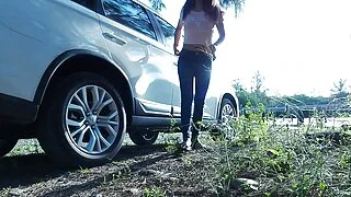 Piss Stop - Urgent Outdoor Roadside Pee and Cock Sucking by Asian Girl Tina in Blue Jeans